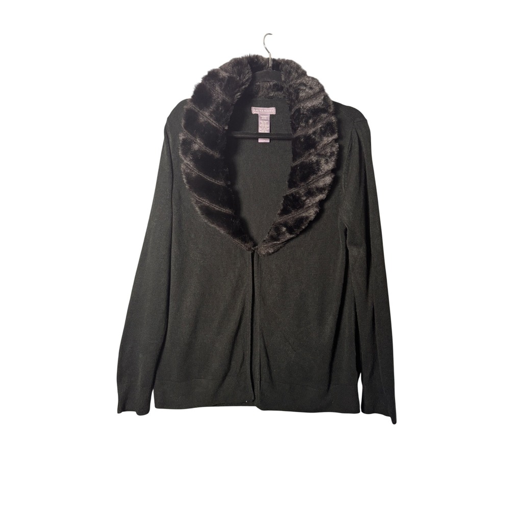 Laura Scott Women Cardigan L Black Faux Fur Shawl Collar Glam Mob Wife Chic